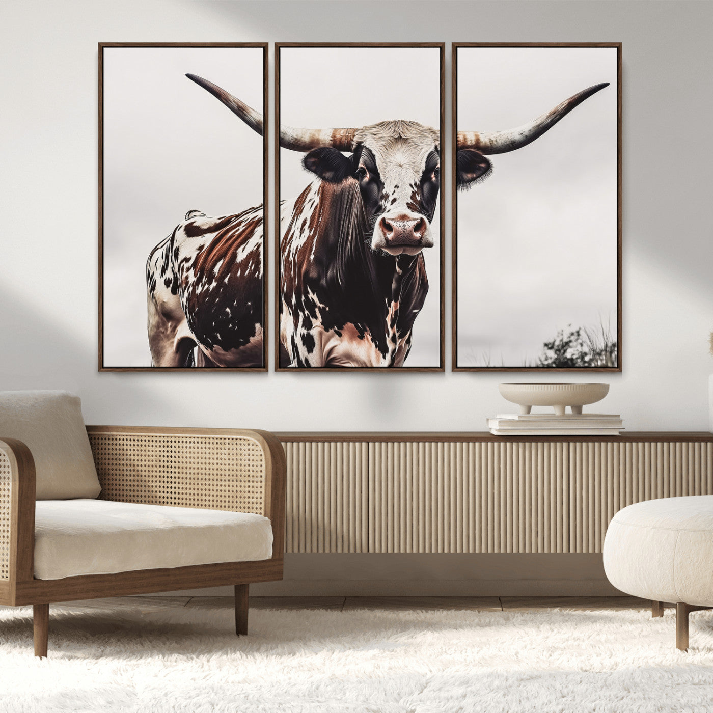 95249234-MGV-FC-48X32-3P_Walnut-Texas Longhorn Wall Art Canvas Print, Framed Spotted Bull Art Picture Print, Horned Cattle Perfect Rustic Farmhouse Decor Artwork