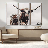 95249234-MGV-FC-48X32-3P_Walnut-Texas Longhorn Wall Art Canvas Print, Framed Spotted Bull Art Picture Print, Horned Cattle Perfect Rustic Farmhouse Decor Artwork