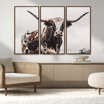 95249234-MGV-FC-48X32-3P_Walnut-Texas Longhorn Wall Art Canvas Print, Framed Spotted Bull Art Picture Print, Horned Cattle Perfect Rustic Farmhouse Decor Artwork