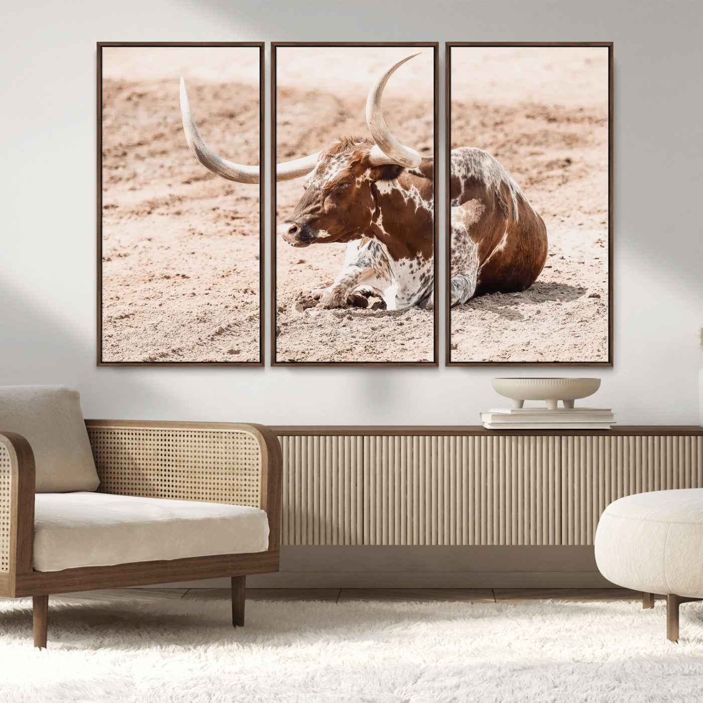 91248682-MGV-CV-36X24-Texas Longhorn Wall Art Canvas Print, Framed Resting Bull Art Picture Print, Spotted Cattle Perfect Rustic Western Decor Artwork