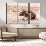 91248682-MGV-CV-36X24-Texas Longhorn Wall Art Canvas Print, Framed Resting Bull Art Picture Print, Spotted Cattle Perfect Rustic Western Decor Artwork