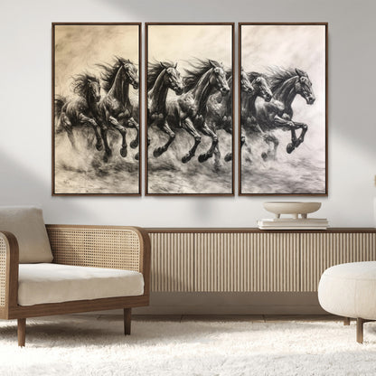 56089591-MGV-CV-36X24-Galloping Horses Wall Art Canvas Print, Framed Wild Stallions Art Picture Print, Horse Herd Sketch Perfect Monochrome Dynamic