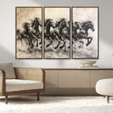 56089591-MGV-FC-48X32-3P_Walnut-Galloping Horses Wall Art Canvas Print, Framed Wild Stallions Art Picture Print, Horse Herd Sketch Perfect Monochrome Dynamic
