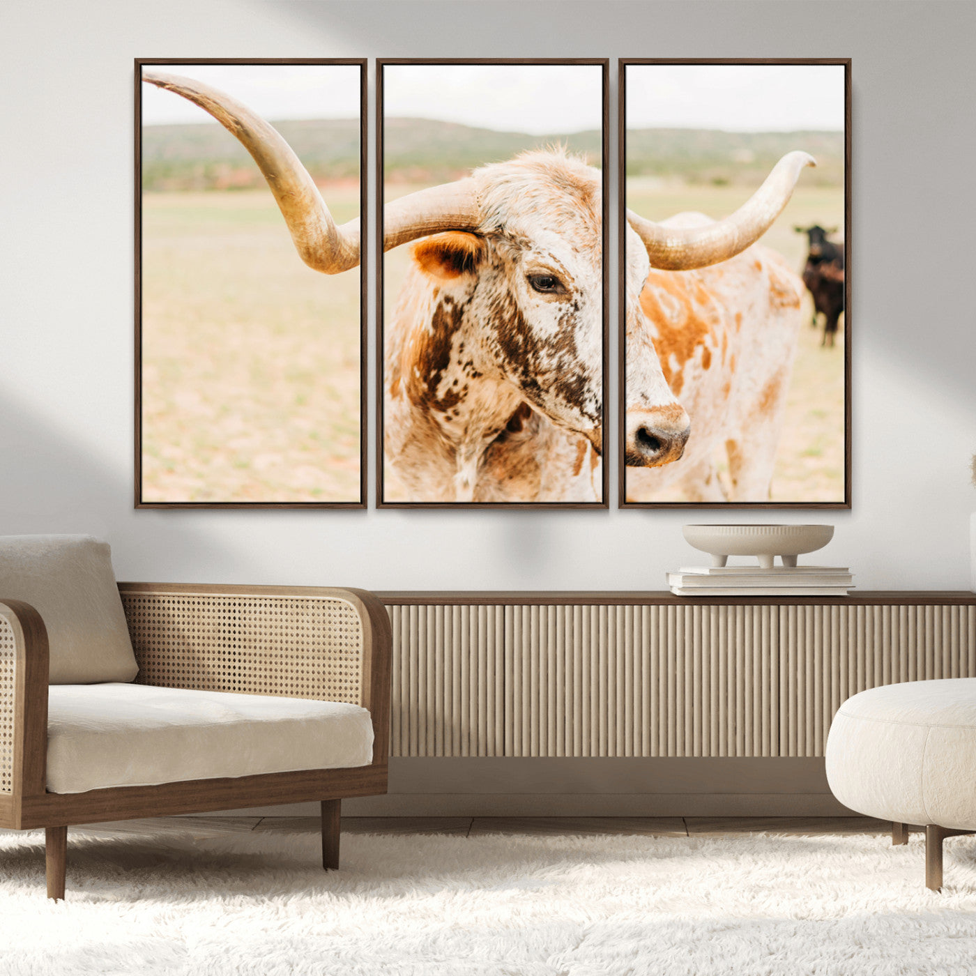 21060648-MGV-CV-36X24-Texas Longhorn Wall Art Canvas Print, Framed Speckled Cow Art Picture Print, Rustic Bull Perfect Rustic Western Decor Artwork