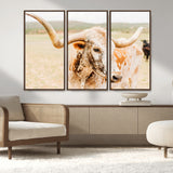 21060648-MGV-FC-48X32-3P_Walnut-Texas Longhorn Wall Art Canvas Print, Framed Speckled Cow Art Picture Print, Rustic Bull Perfect Rustic Western Decor Artwork