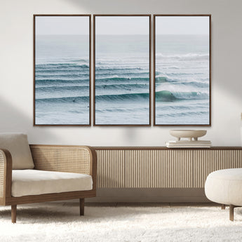 73969318-MGV-CV-36X24-Ocean Waves Wall Art Canvas Print, Framed Surfer Lineup Art Picture Print, Crowded Ocean Perfect Minimal Coastal Decor Artwork