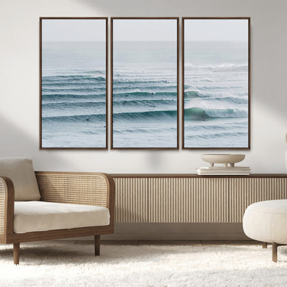 73969318-MGV-CV-36X24-Ocean Waves Wall Art Canvas Print, Framed Surfer Lineup Art Picture Print, Crowded Ocean Perfect Minimal Coastal Decor Artwork