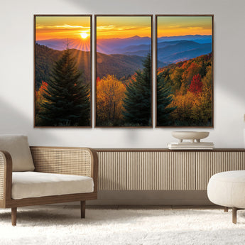 36964931-MGV-FC-48X32-3P_Walnut-Autumn Mountains Wall Art Canvas Print, Framed Sunset Glow Forest Art Picture Print, Golden Trees Perfect Vibrant Nature Decor