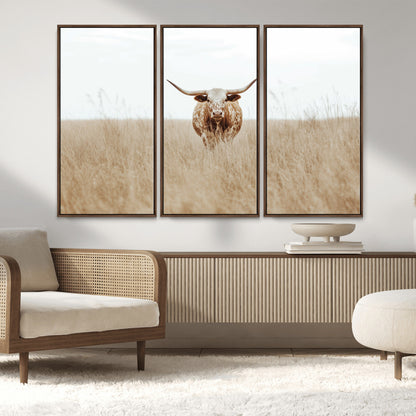 20927060-MGV-CV-36X24-Texas Longhorn Wall Art Canvas Print, Framed Lone Cattle Art Picture Print, Longhorn Bull Perfect Rustic Western Decor Artwork