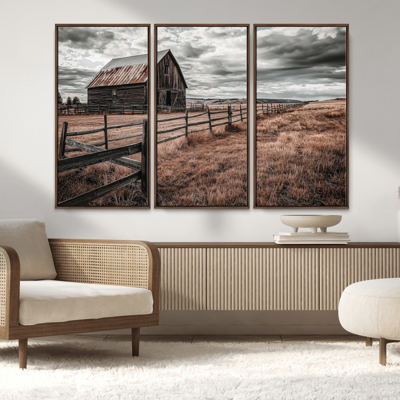 73898372-MGV-CV-36X24-Rustic Barn Wall Art Canvas Print, Framed Moody Field Art Picture Print, Weathered Fence Perfect Moody Farmhouse Decor Artwork