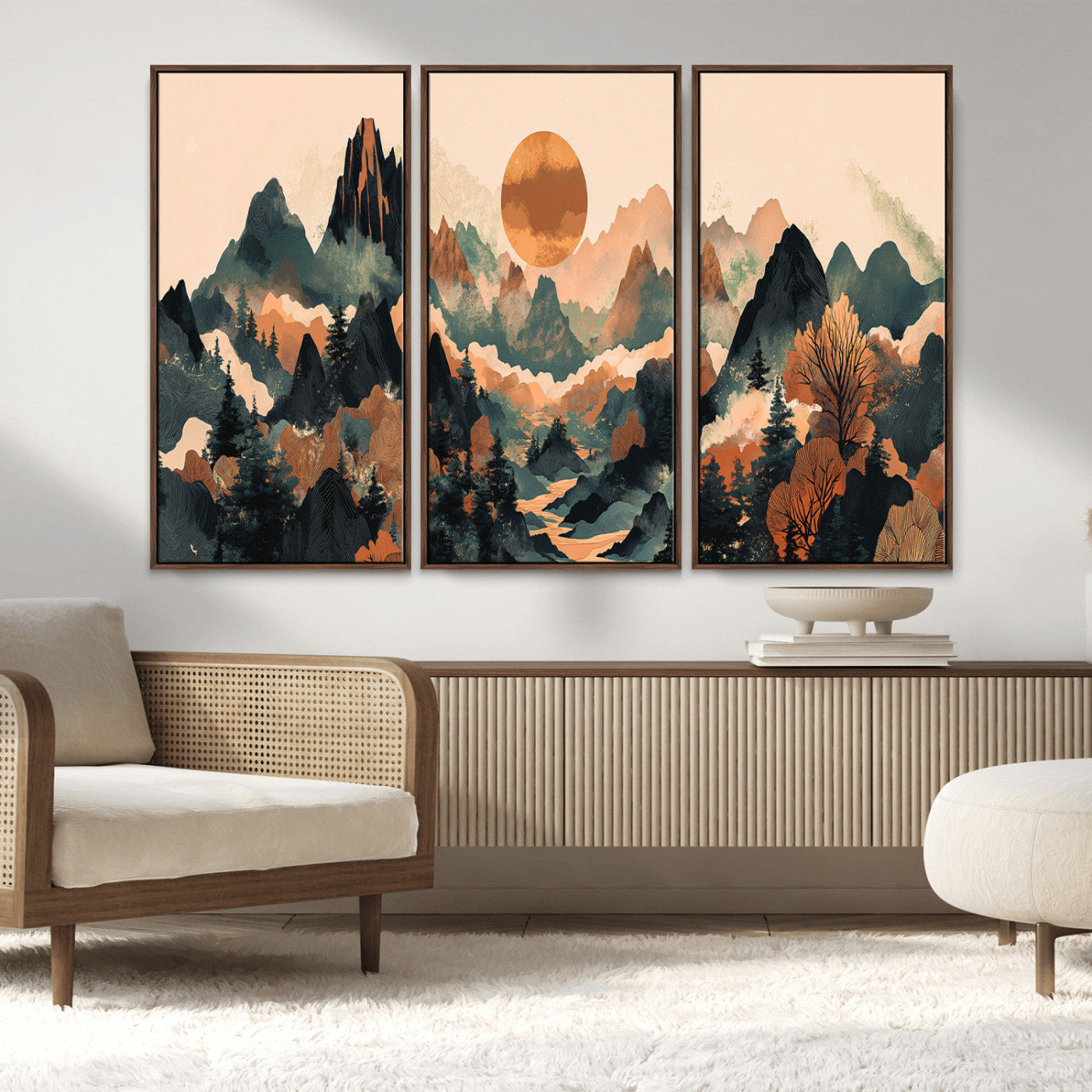 13012770-MGV-CV-36X24-Mountain Landscape Wall Art – Modern Nature Canvas Print with Sun, Misty Peaks, and Forest in Orange and Green Tones for Living