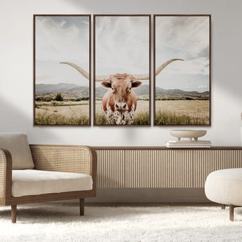 80054319-MGV-CV-36X24-Longhorn Wall Art – Rustic Western Canvas Print, Majestic Bull Artwork for Farmhouse, Ranch or Living Room