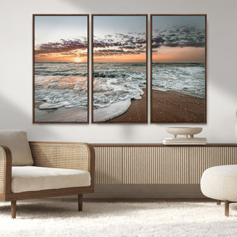 40632752-MGV-FC-48X32-3P_Walnut-Ocean Sunset Wall Art Canvas Print, Framed Beach Waves Art Picture Print, Coastal Scene Perfect Coastal Decor Artwork