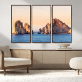 72996116-MGV-FC-48X32-3P_Walnut-El Arco Wall Art Canvas Print, Framed Cabo Rocks Art Picture Print, Ocean Arch Perfect Golden Coastal Landmark Decor Artwork