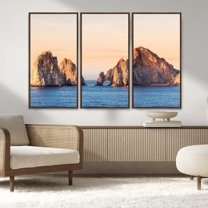 72996116-MGV-FC-48X32-3P_Walnut-El Arco Wall Art Canvas Print, Framed Cabo Rocks Art Picture Print, Ocean Arch Perfect Golden Coastal Landmark Decor Artwork