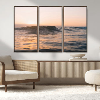 46299358-MGV-CV-36X24-Sunset Waves Wall Art Canvas Print, Framed Ocean Horizon Art Picture Print, Golden Water Perfect Golden Hour Coastal Decor Artwork