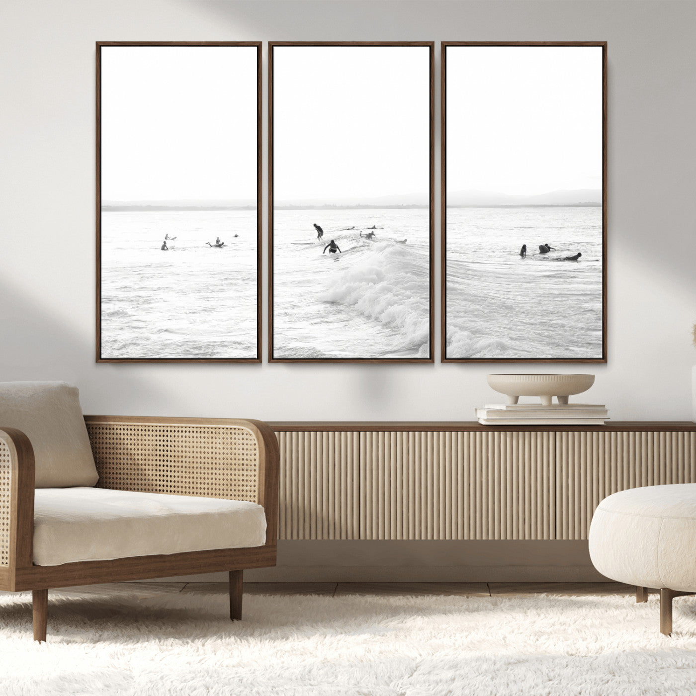 33449548-MGV-CV-36X24-Group Surfers Wall Art Canvas Print, Framed Ocean Wave Art Picture Print, Surf Crowd Perfect Monochrome Surf Decor Artwork