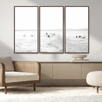 33449548-MGV-FC-48X32-3P_Walnut-Group Surfers Wall Art Canvas Print, Framed Ocean Wave Art Picture Print, Surf Crowd Perfect Monochrome Surf Decor Artwork