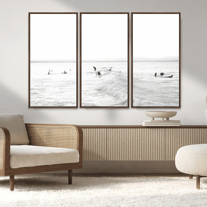 33449548-MGV-FC-48X32-3P_Walnut-Group Surfers Wall Art Canvas Print, Framed Ocean Wave Art Picture Print, Surf Crowd Perfect Monochrome Surf Decor Artwork