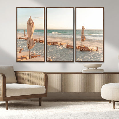 58507949-MGV-CV-36X24-Beach Umbrellas Wall Art Canvas Print, Framed Empty Loungers Art Picture Print, Soft Sand Perfect Minimalist Seaside Decor Artwork