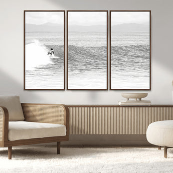 81535128-MGV-CV-36X24-Surfer Woman Wall Art Canvas Print, Framed Black Ocean Art Picture Print, Ocean Surfing Perfect Monochrome Coastal Decor Artwork