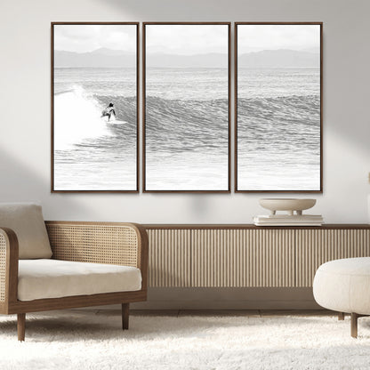 81535128-MGV-CV-36X24-Surfer Woman Wall Art Canvas Print, Framed Black Ocean Art Picture Print, Ocean Surfing Perfect Monochrome Coastal Decor Artwork