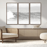 81535128-MGV-FC-48X32-3P_Walnut-Surfer Woman Wall Art Canvas Print, Framed Black Ocean Art Picture Print, Ocean Surfing Perfect Monochrome Coastal Decor Artwork