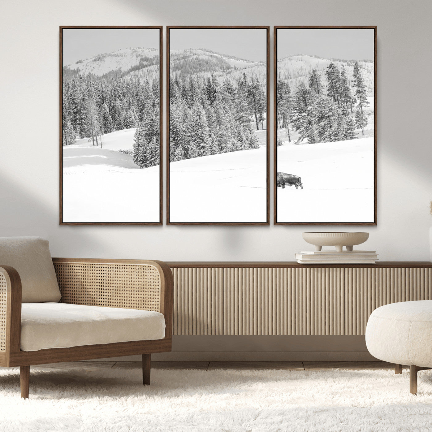 68081143-MGV-CV-36X24-Snowy Bison Wall Art Canvas Print, Framed Winter Forest Art Picture Print, Lone Bison Perfect Monochrome Winter Wild Decor Artwork