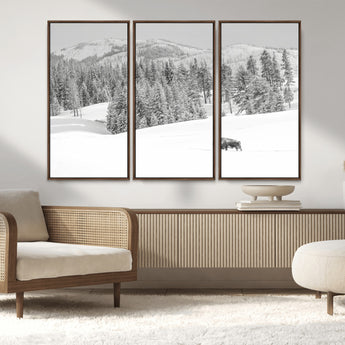 68081143-MGV-CV-36X24-Snowy Bison Wall Art Canvas Print, Framed Winter Forest Art Picture Print, Lone Bison Perfect Monochrome Winter Wild Decor Artwork