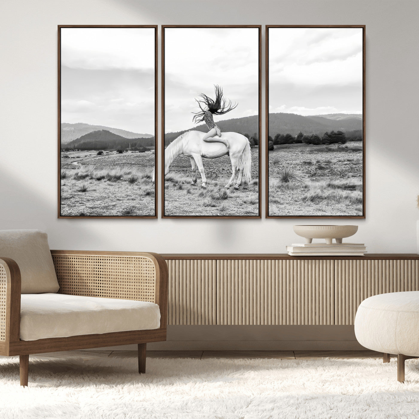 62789800-MGV-CV-36X24-White Horse Wall Art Canvas Print, Framed Woman Rider Art Picture Print, Equestrian Pose Perfect Western Boho Decor Artwork