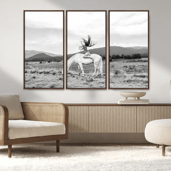 62789800-MGV-CV-36X24-White Horse Wall Art Canvas Print, Framed Woman Rider Art Picture Print, Equestrian Pose Perfect Western Boho Decor Artwork