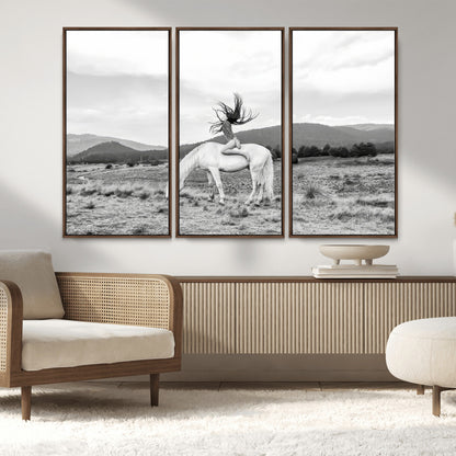 62789800-MGV-CV-36X24-White Horse Wall Art Canvas Print, Framed Woman Rider Art Picture Print, Equestrian Pose Perfect Western Boho Decor Artwork