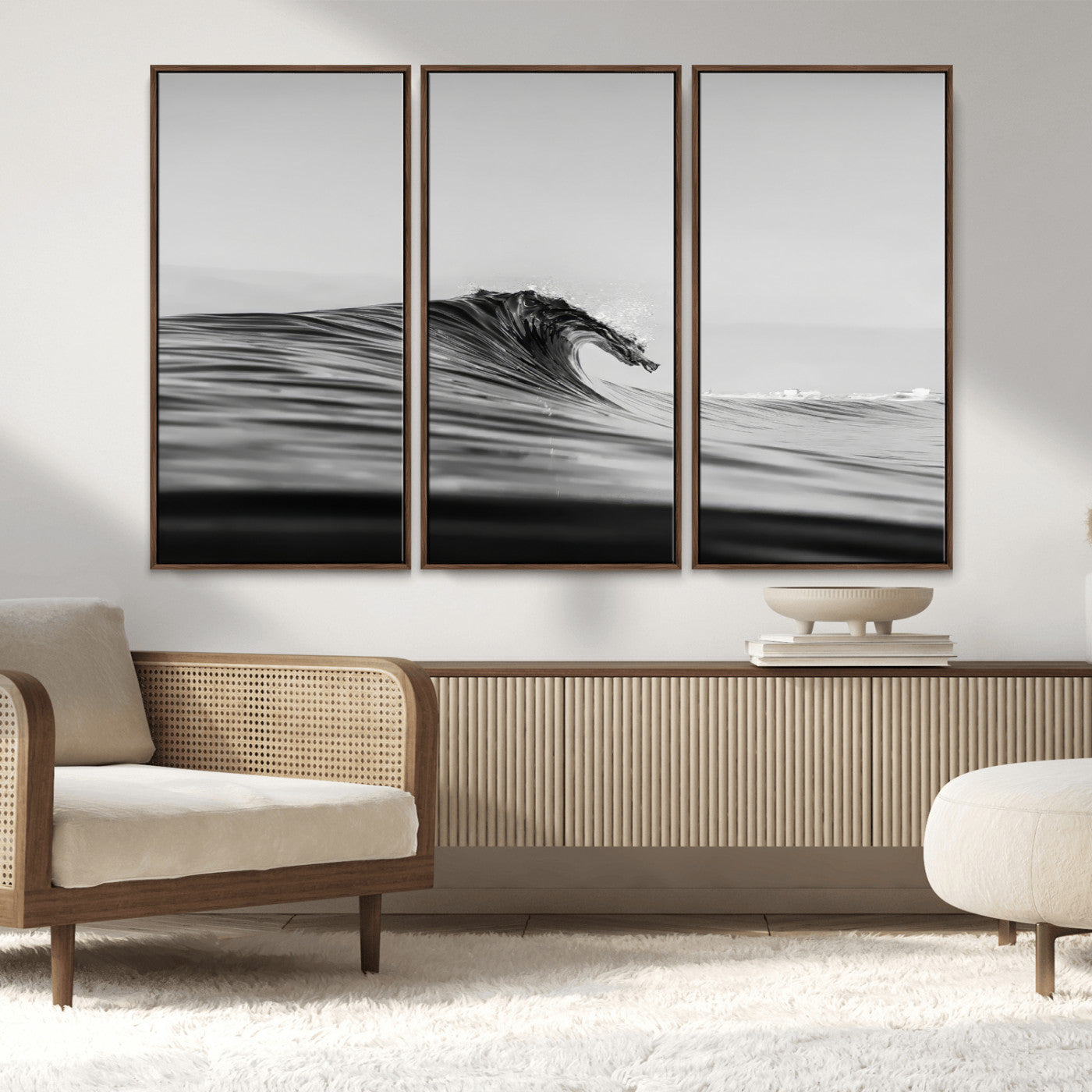 24029476-MGV-FC-48X32-3P_Walnut-Black Wave Wall Art Canvas Print, Framed Abstract Surf Art Picture Print, Minimalist Ocean Perfect Minimalist Coastal Decor