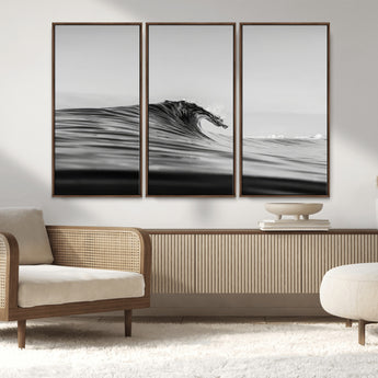 24029476-MGV-FC-48X32-3P_Walnut-Black Wave Wall Art Canvas Print, Framed Abstract Surf Art Picture Print, Minimalist Ocean Perfect Minimalist Coastal Decor