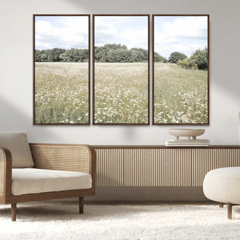 43258946-MGV-FC-48X32-3P_Walnut-Daisy Field Wall Art Canvas Print, Framed Pastel Flower Art Picture Print, Meadow Bloom Perfect Scandinavian Minimalist Decor