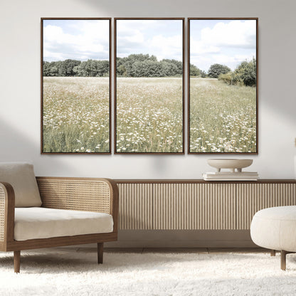 43258946-MGV-FC-48X32-3P_Walnut-Daisy Field Wall Art Canvas Print, Framed Pastel Flower Art Picture Print, Meadow Bloom Perfect Scandinavian Minimalist Decor