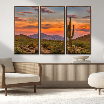 25332783-MGV-CV-36X24-Saguaro Cactus Wall Art Canvas Print, Framed Arizona Sunset Art Picture Print, Sonoran Desert Perfect Southwestern Boho Decor