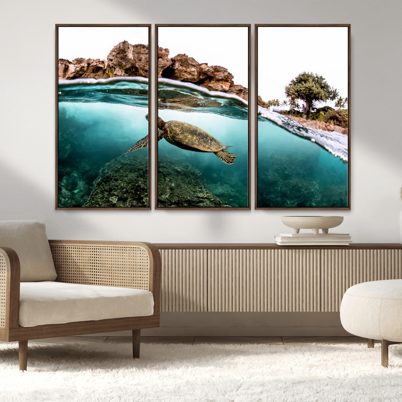 44200301-MGV-CV-36X24-Sea Turtle Swim Wall Art Canvas Print, Framed Ocean Life Art Picture Print, Tropical Shoreline Perfect Tropical Coastal Decor