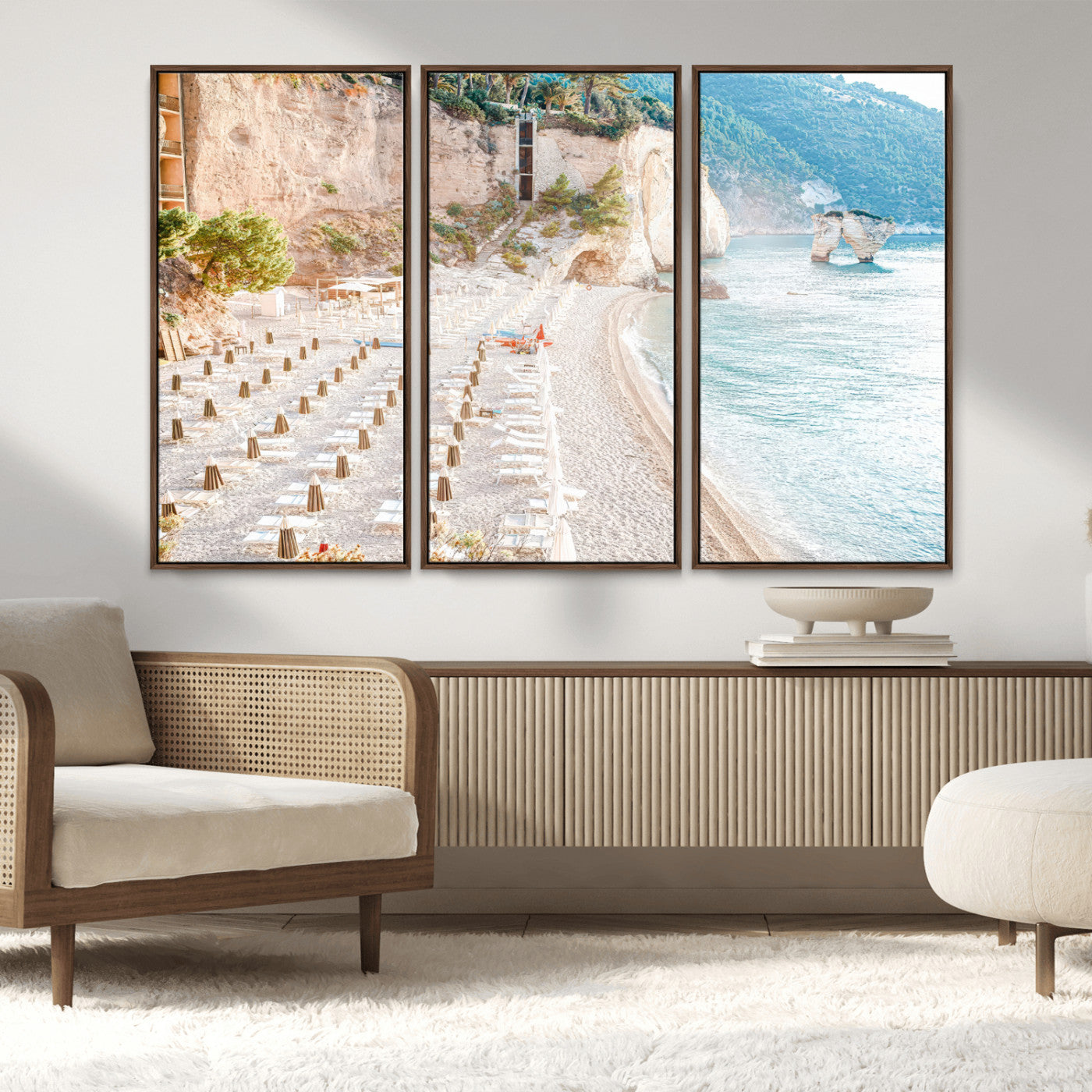 84816639-MGV-FC-48X32-3P_Walnut-Mediterranean Beach Wall Art Canvas Print, Framed Airy Coastal Art Picture Print, Summer Shore Perfect Coastal Retreat Decor