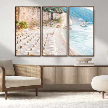 84816639-MGV-FC-48X32-3P_Walnut-Mediterranean Beach Wall Art Canvas Print, Framed Airy Coastal Art Picture Print, Summer Shore Perfect Coastal Retreat Decor