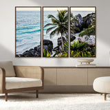 94669907-MGV-CV-36X24-Tropical Coastline Wall Art Canvas Print, Framed Palm Tree Art Picture Print, Rocky Beach Perfect Tropical Coastal Decor Artwork