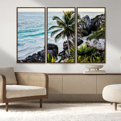 94669907-MGV-CV-36X24-Tropical Coastline Wall Art Canvas Print, Framed Palm Tree Art Picture Print, Rocky Beach Perfect Tropical Coastal Decor Artwork