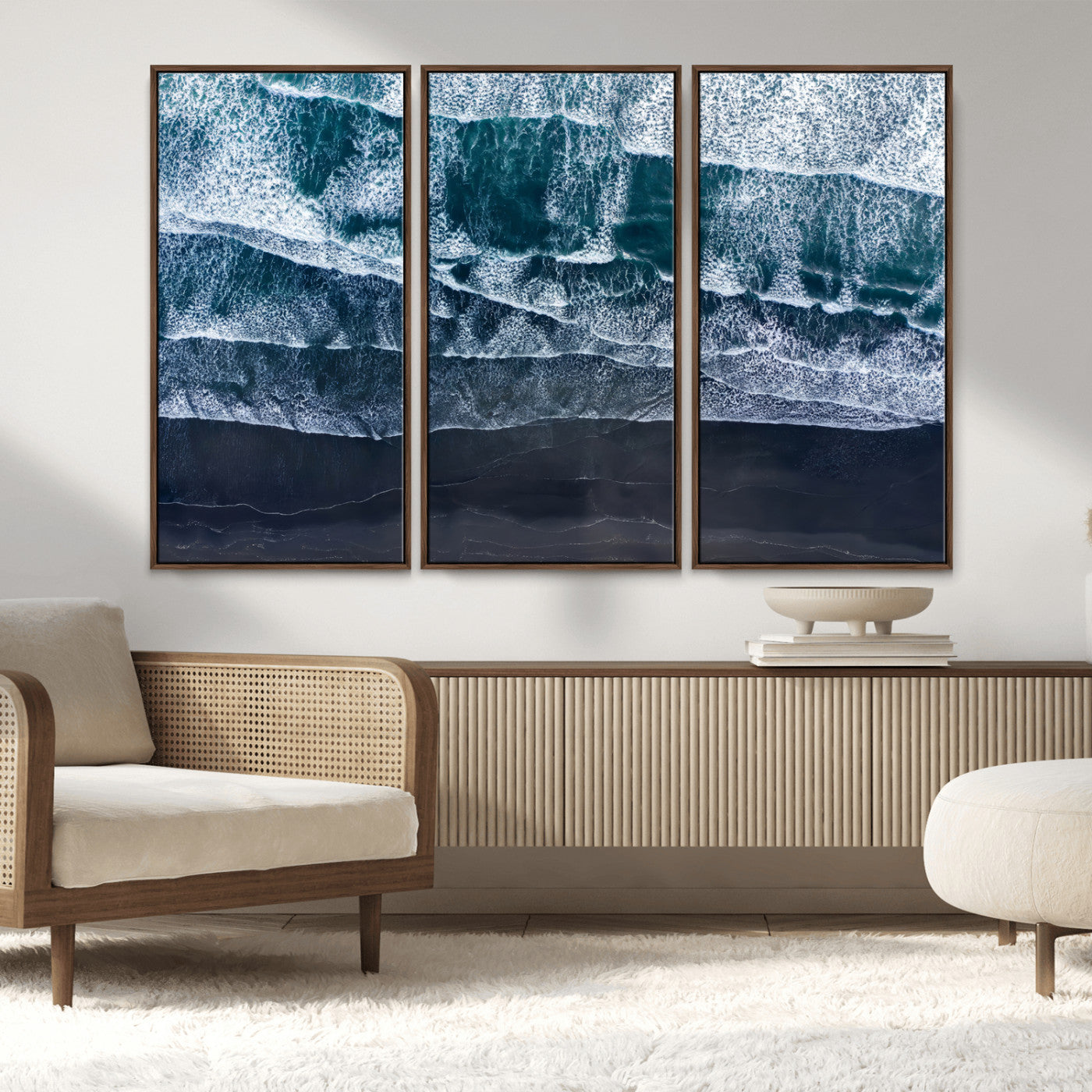 87941475-MGV-FC-48X32-3P_Walnut-Black Beach Wall Art Canvas Print, Framed Aerial Ocean Art Picture Print, Moody Coastal Perfect Modern Coastal Decor Artwork