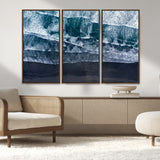 87941475-MGV-FC-48X32-3P_Walnut-Black Beach Wall Art Canvas Print, Framed Aerial Ocean Art Picture Print, Moody Coastal Perfect Modern Coastal Decor Artwork