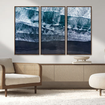 87941475-MGV-FC-48X32-3P_Walnut-Black Beach Wall Art Canvas Print, Framed Aerial Ocean Art Picture Print, Moody Coastal Perfect Modern Coastal Decor Artwork