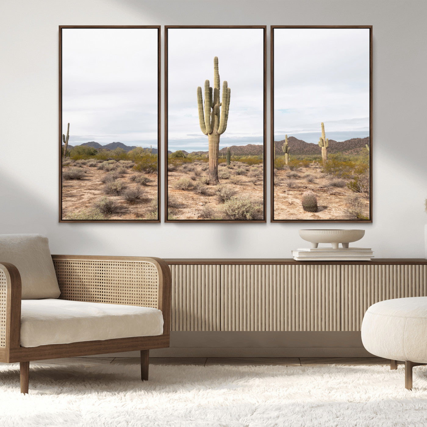 96147924-MGV-FC-48X32-3P_Walnut-Saguaro Cactus Wall Art Canvas Print, Framed Desert Cactus Art Picture Print, Earthy Desert Perfect Southwestern Boho Decor