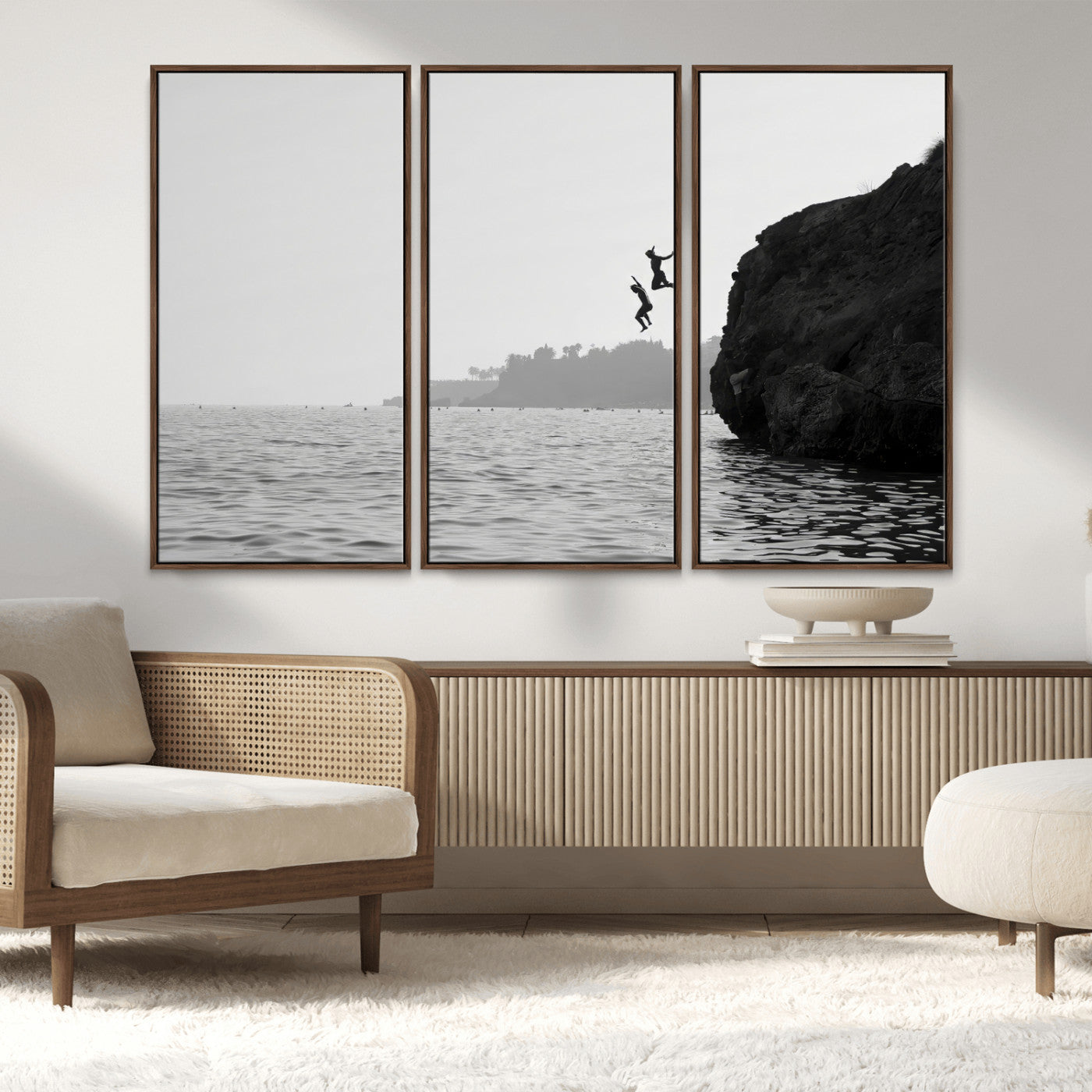 52284302-MGV-CV-36X24-Cliff Jumping Wall Art Canvas Print, Framed Ocean Adventure Art Picture Print, Black White Coast Perfect Modern Coastal Decor