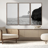 52284302-MGV-CV-36X24-Cliff Jumping Wall Art Canvas Print, Framed Ocean Adventure Art Picture Print, Black White Coast Perfect Modern Coastal Decor