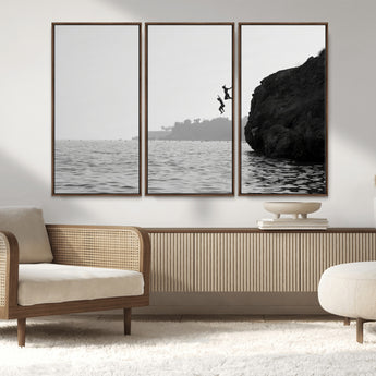 52284302-MGV-CV-36X24-Cliff Jumping Wall Art Canvas Print, Framed Ocean Adventure Art Picture Print, Black White Coast Perfect Modern Coastal Decor