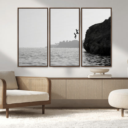 52284302-MGV-CV-36X24-Cliff Jumping Wall Art Canvas Print, Framed Ocean Adventure Art Picture Print, Black White Coast Perfect Modern Coastal Decor
